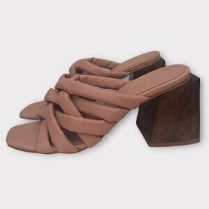 Anthropologie Raphaella Booz Puffy Woven Wood Heeled Sandal Womens 7 Tan Summer